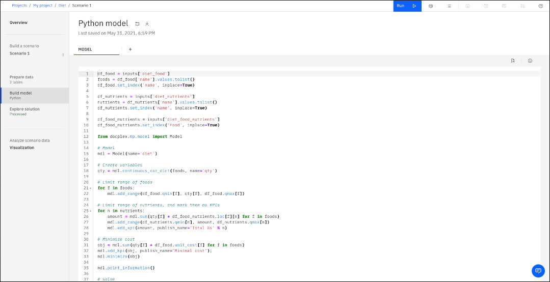 Python model for diet problem displayed in Run model view