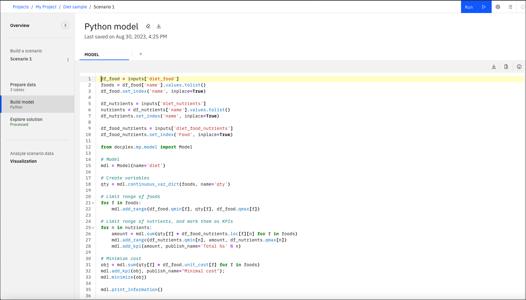 Build model view showing Python diet model