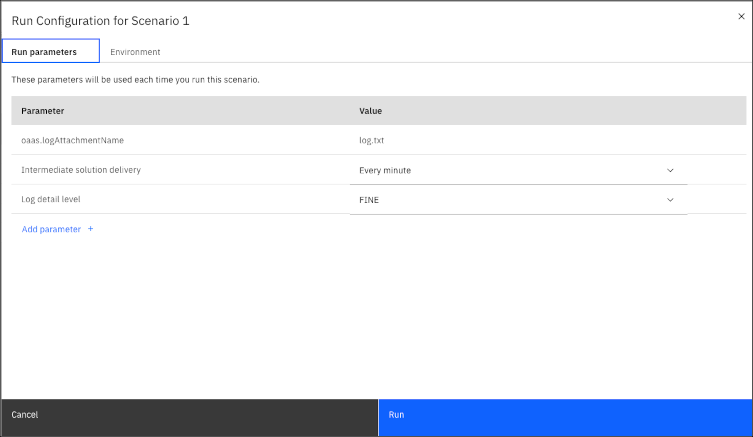 Run configuration pane for scenario 1