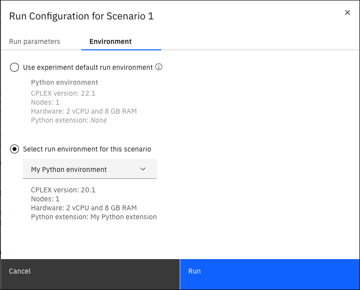 Environment tab of Run Configuration pane for scenario 1