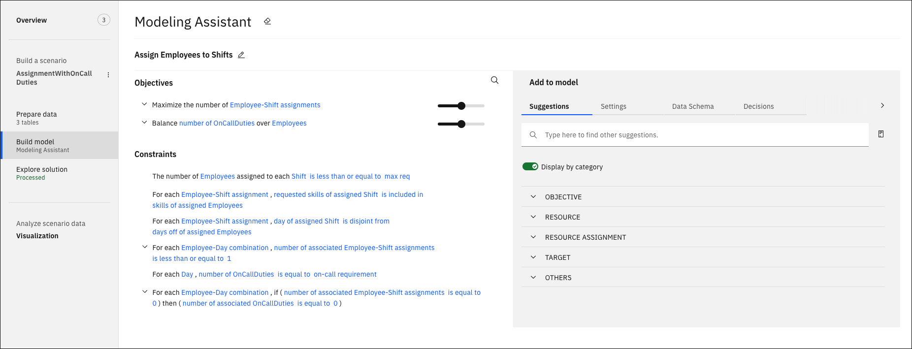 Build model view showing Shift Assignment formulation