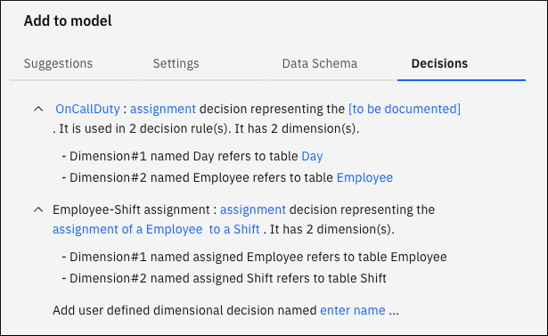 Decisions tab of the Add to Model pane showing two intents