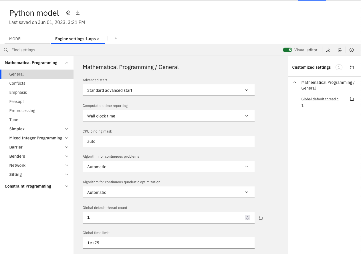 Engine settings .ops file for Python model shown open in Visual Editor view with one customized parameter