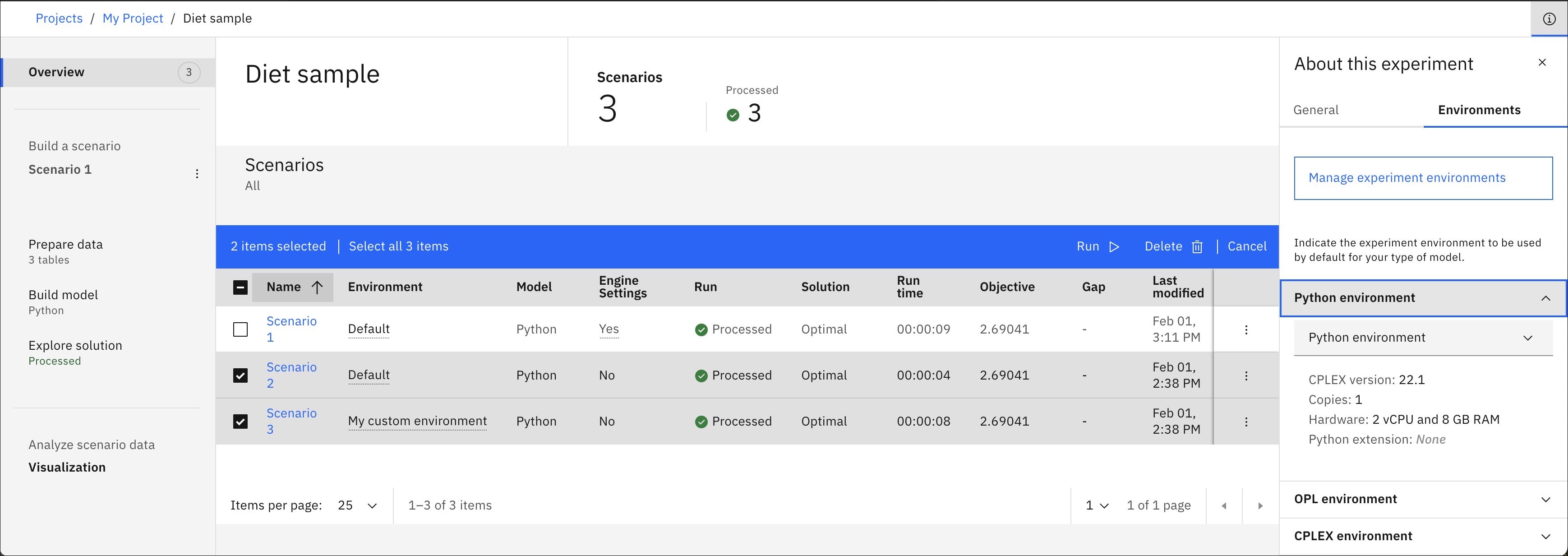 Overview pane showing 3 scenarios and info pane open