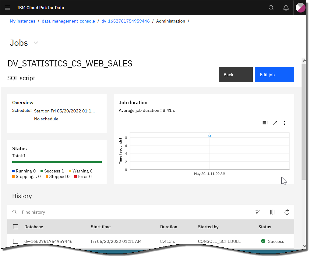 The Jobs page, showing the completed statistics collection job.