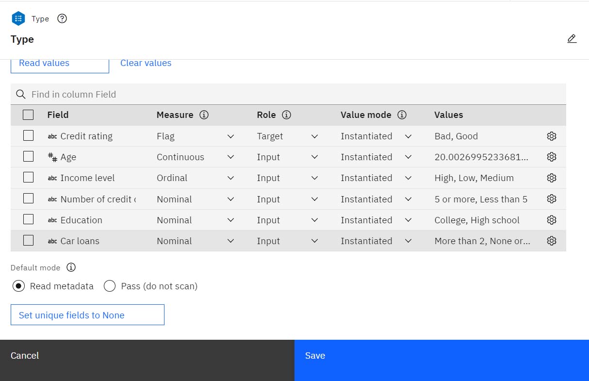 Setting the target and input fields with the Type node