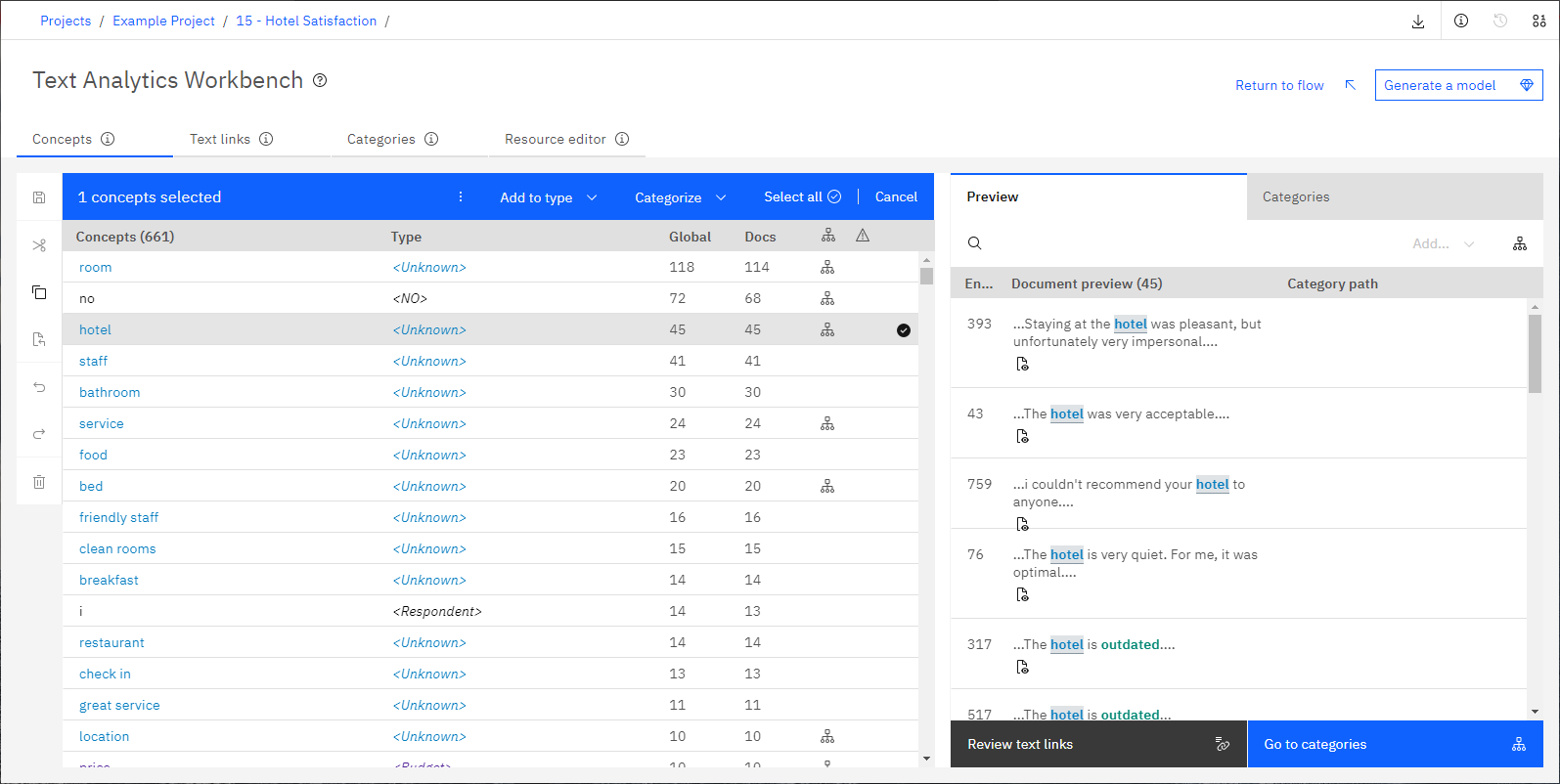 Workbench di Text Analytics