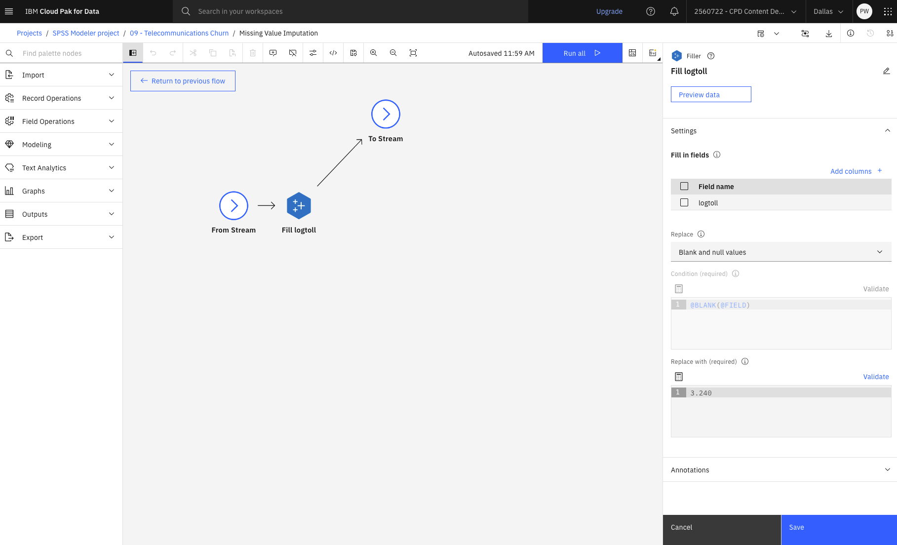 Missing Value Imputation supernode with Filler properties