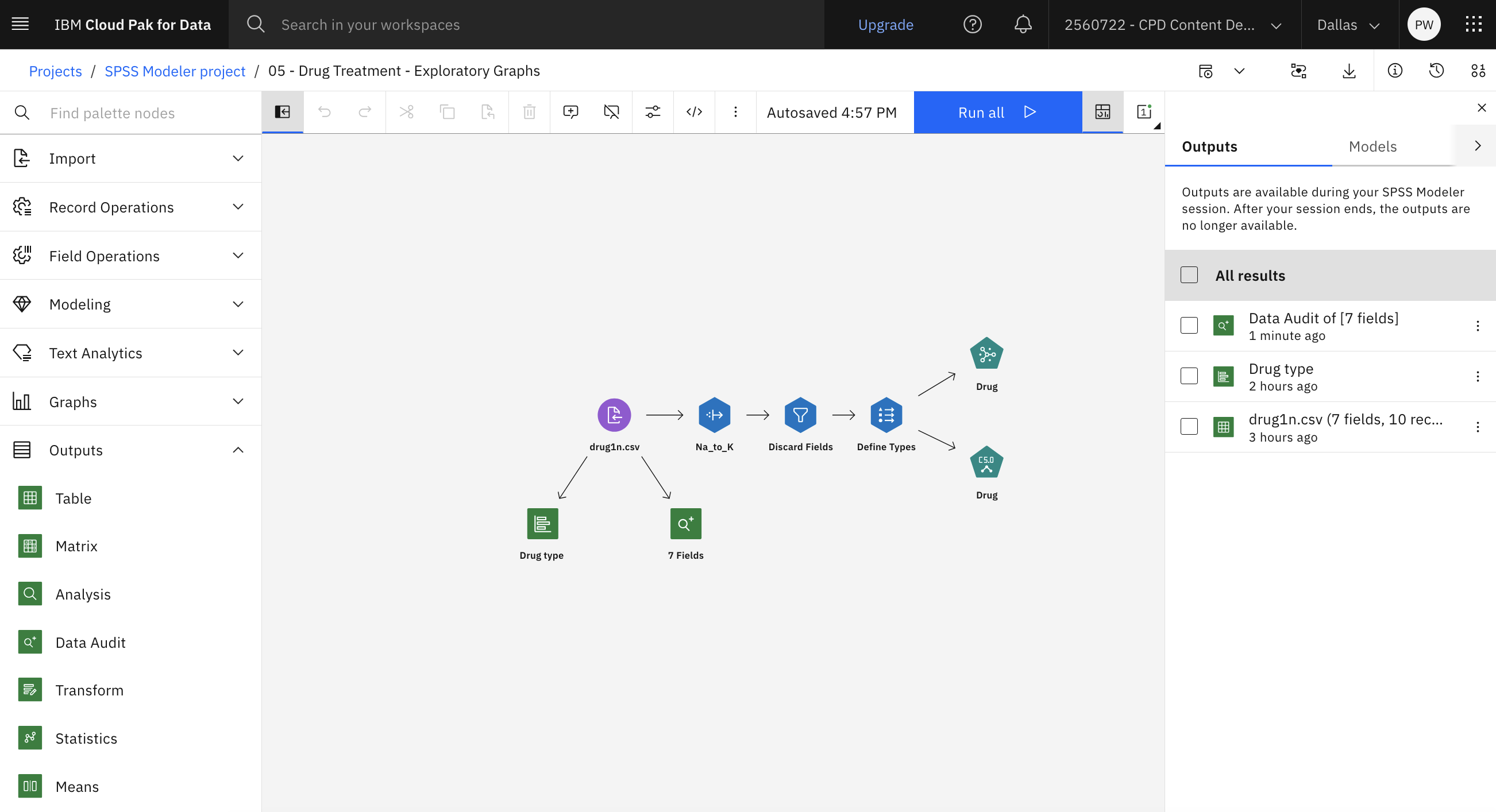 Flusso del modellatore con riquadro Output e modelli visualizzati