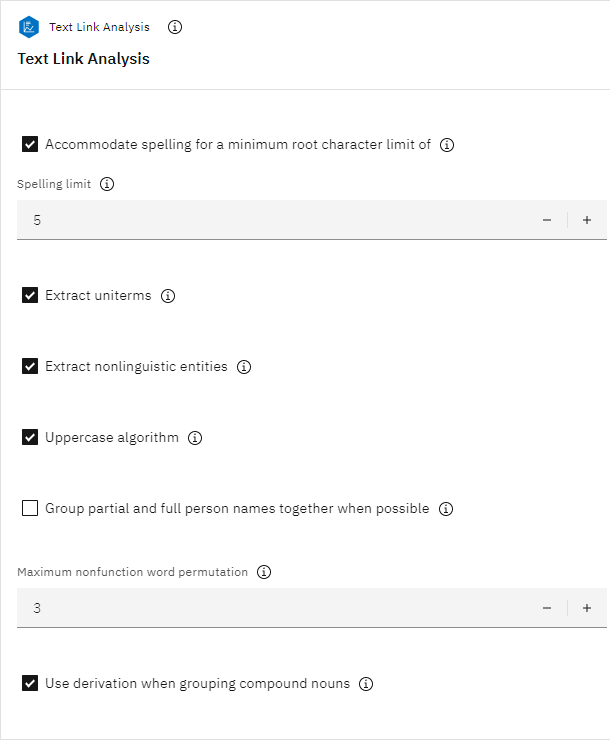 Text Link Analysis node Expert properties. It shows check boxes for setting such as Accommodate spelling for a minimum root character limit, Extract uniterms, Extract nonlinguistic entities, Uppercase algorithm, Group partial and full person names together when possible, and Use derivation when grouping compound nouns.