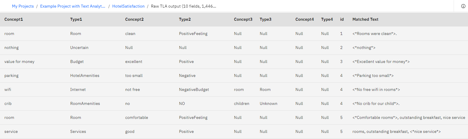 Raw TLA output. It is a table with columns such as Concept1, Type1, Concept2, Type2, ID, and Matched text. Entries for concept columns are words such as room or parking. Entries for type columns are words such as Budget or Services. The rows show how a concept is related to a type or other concepts. Each row also shows how these words appear in the text.