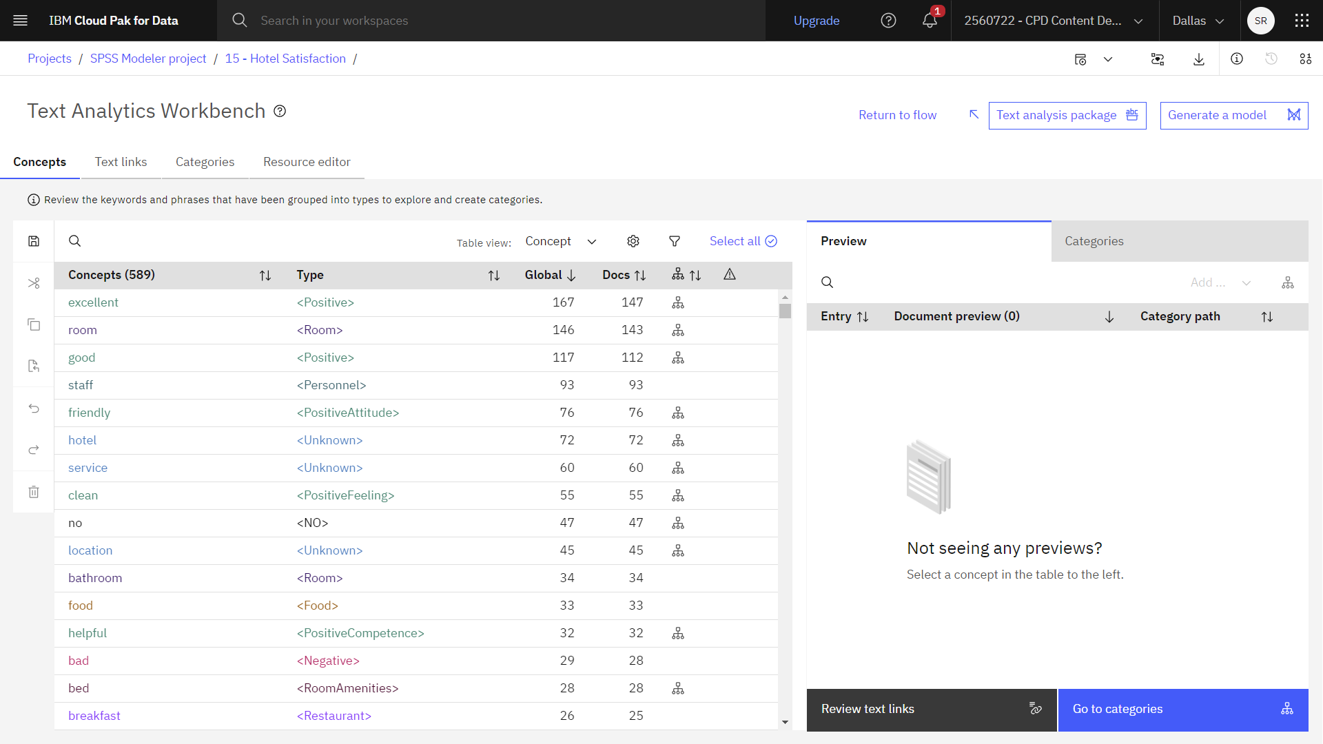 Workbench di Text Analytics