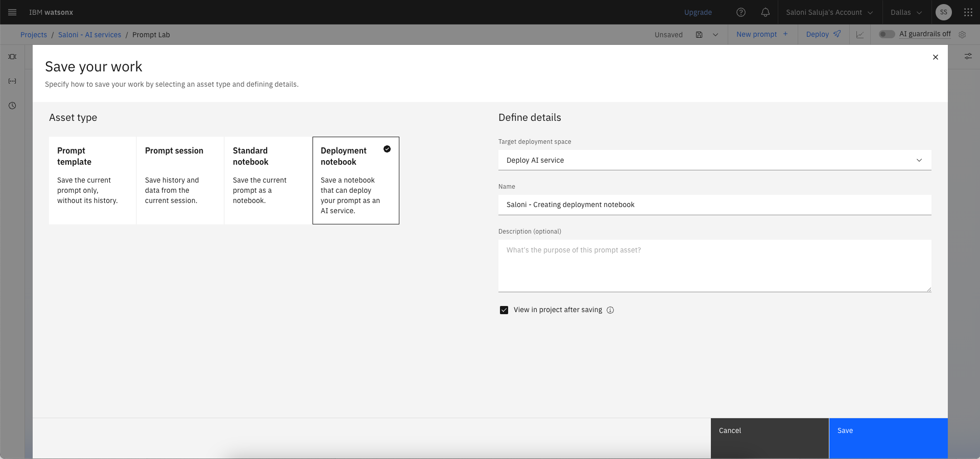 The screenshot shows how to save your work in a deployment notebook