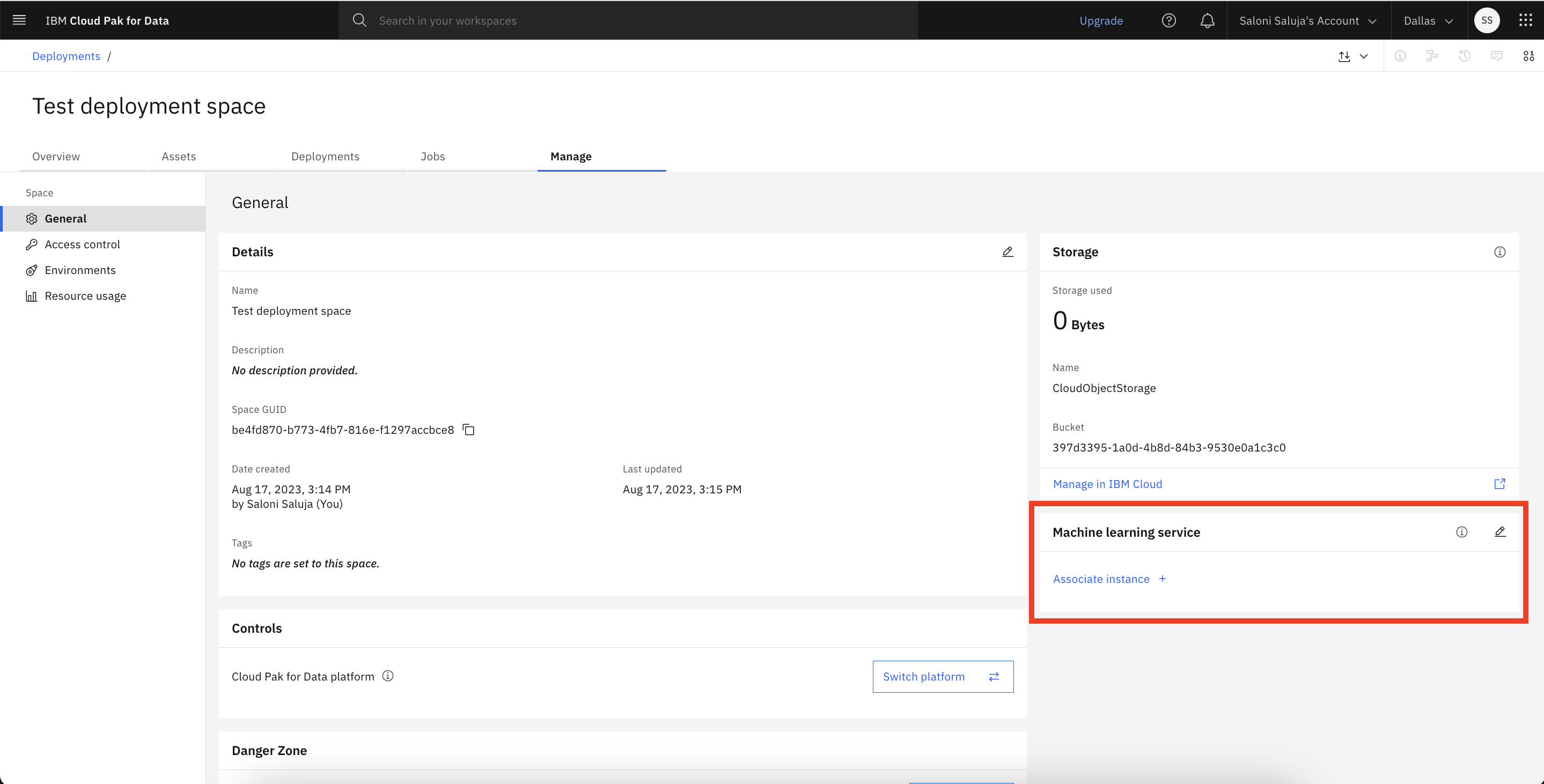 Associate a machine learning instance with your deployment space