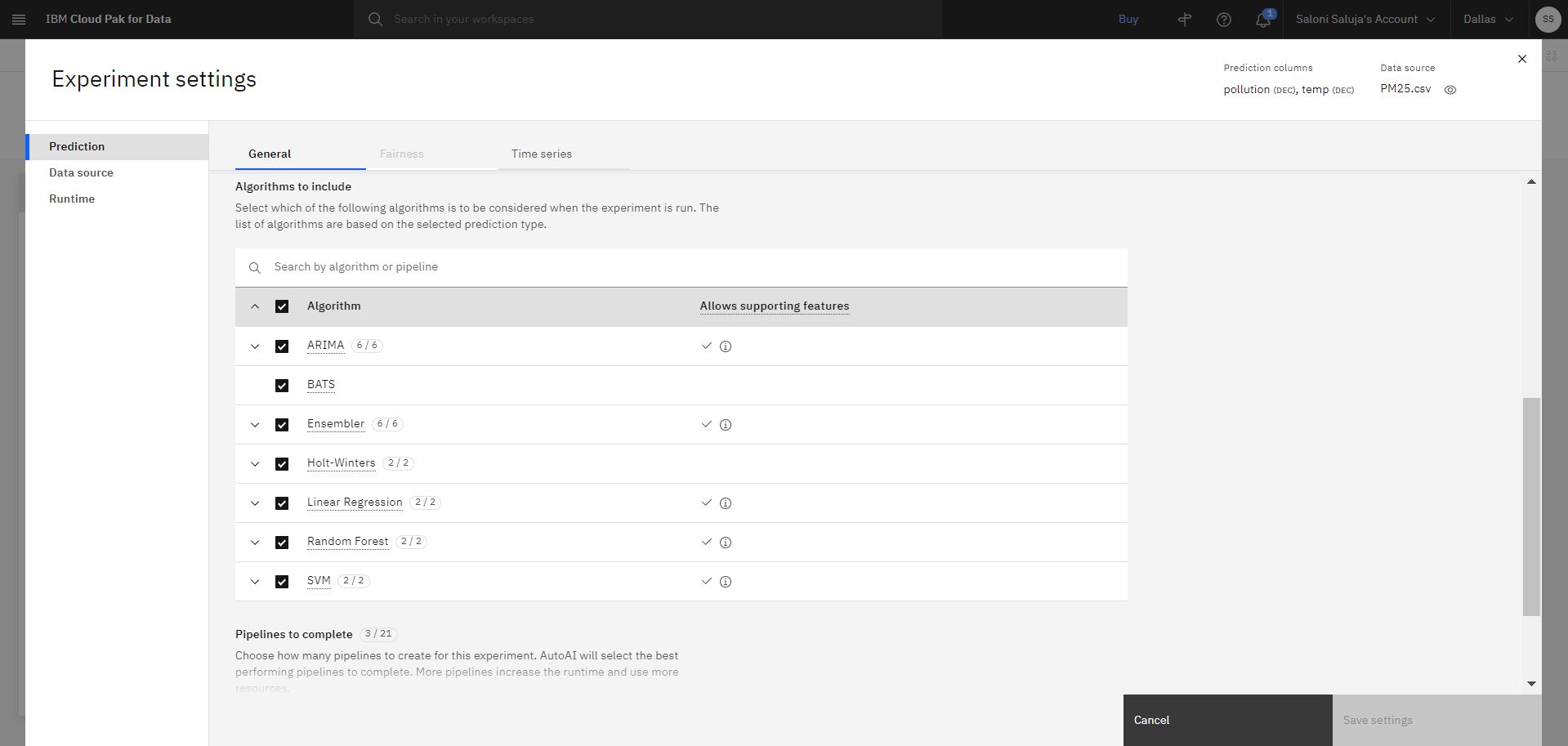 Configuring experiment settings. Algorithms that support the use of Supporting features