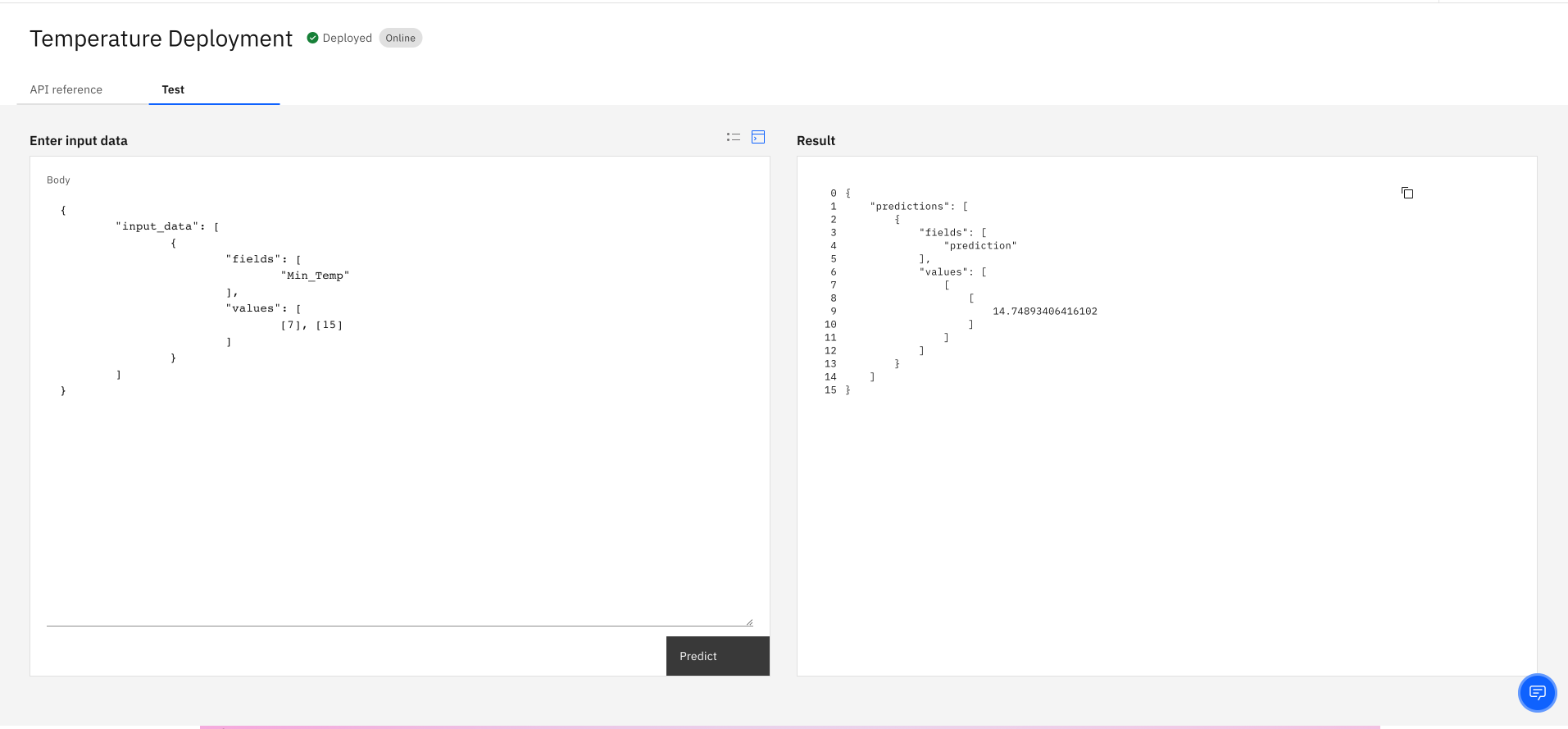 Test tab for deployed model with JSON code as input data