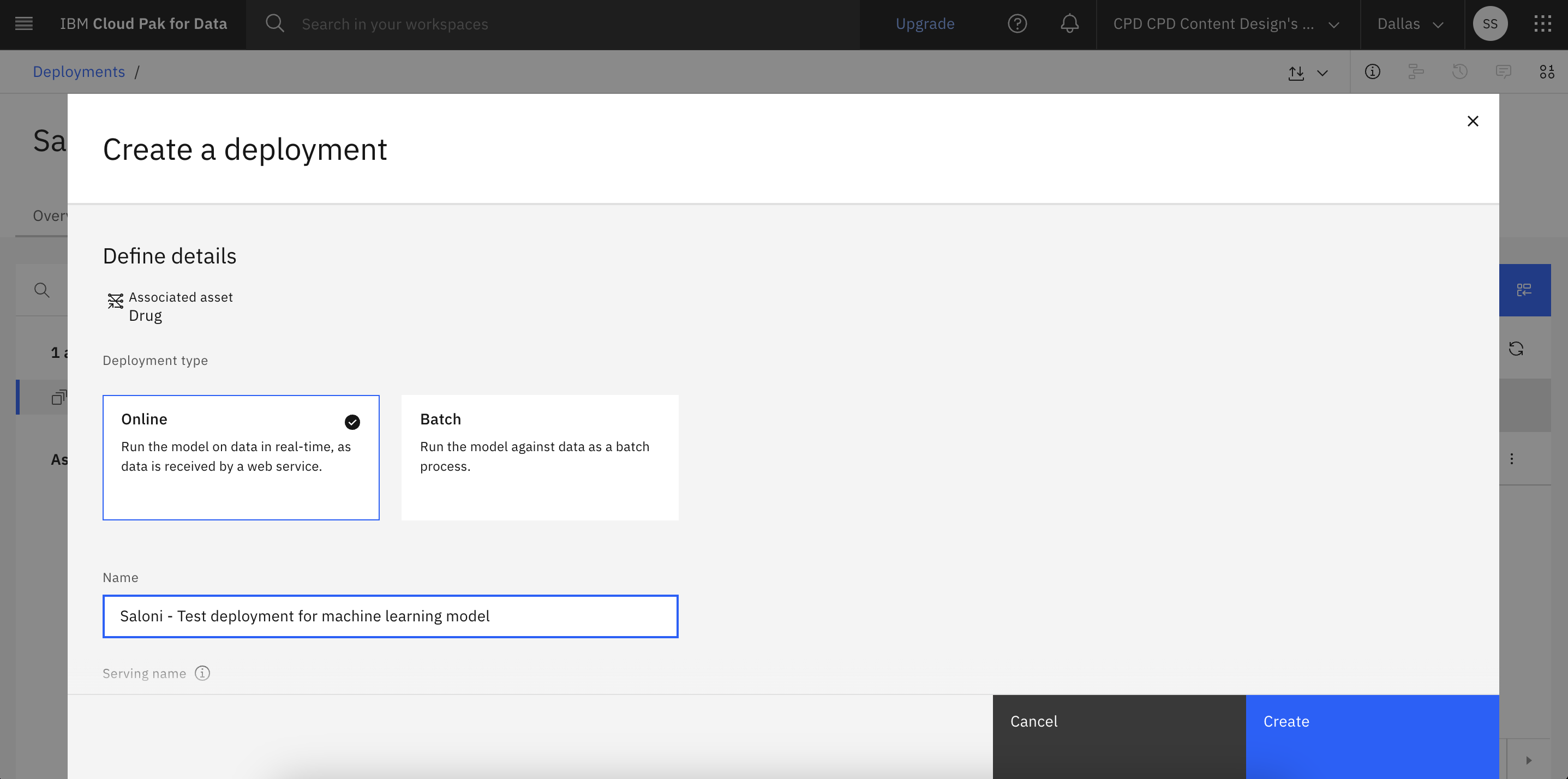 Screenshot shows creating an online deployment for the model