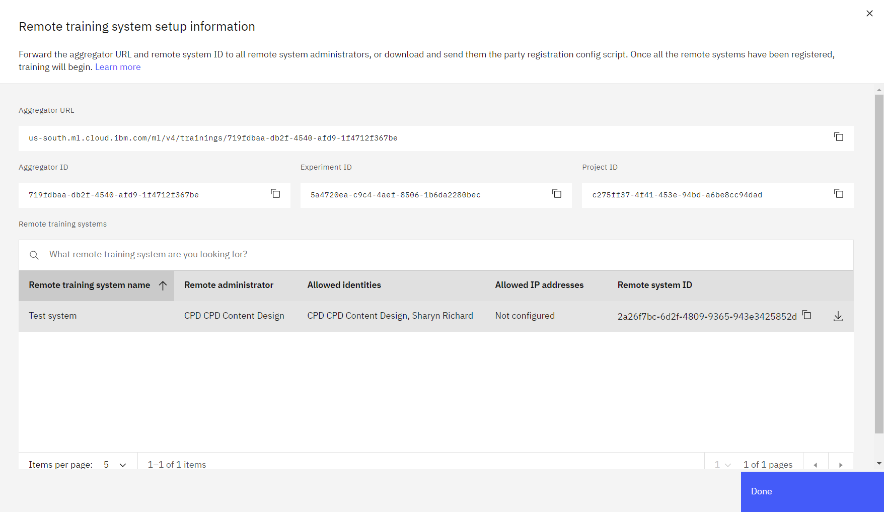 Remote training system setup information