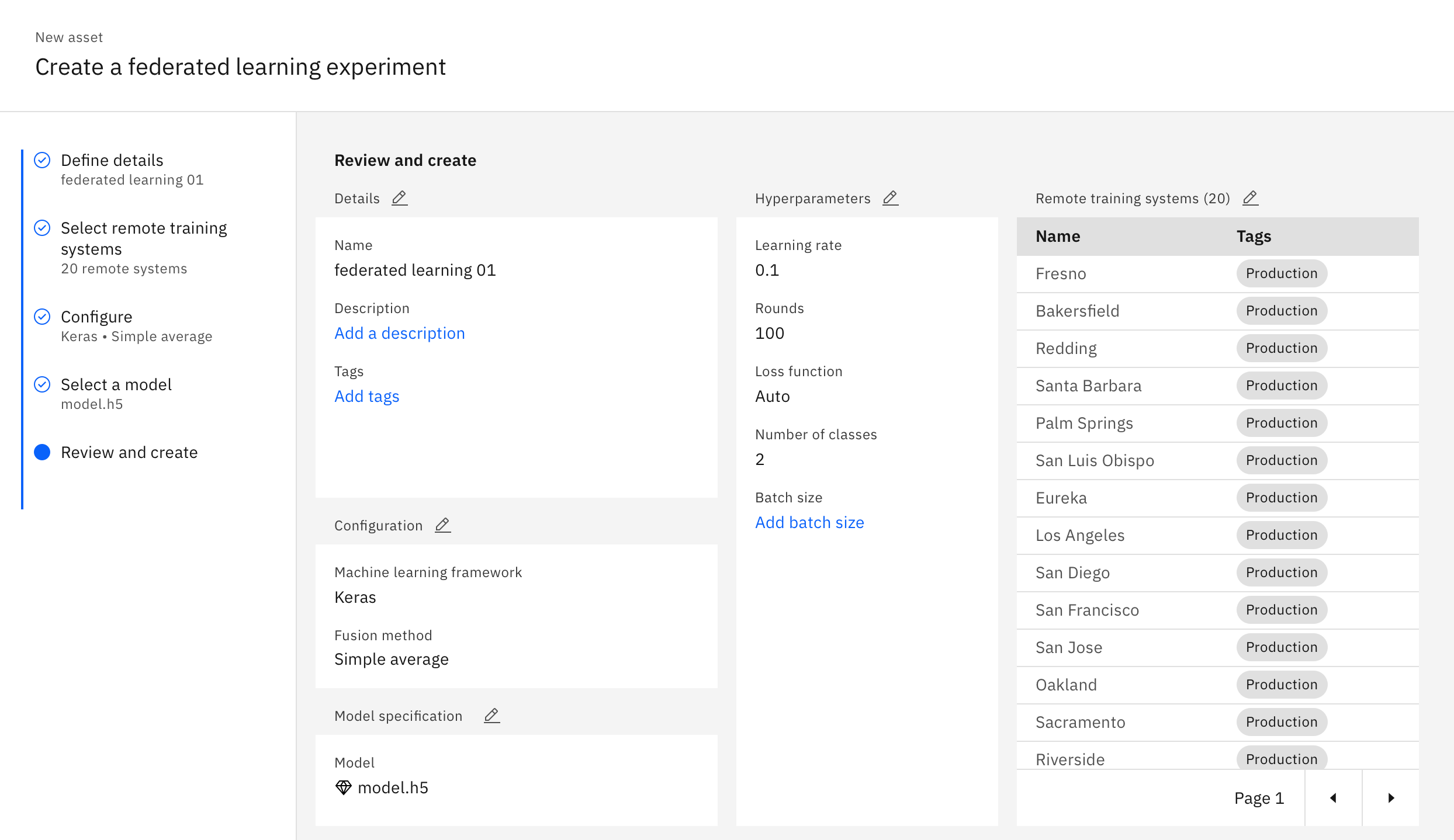 Screenshot of Review and Create Experiment UI