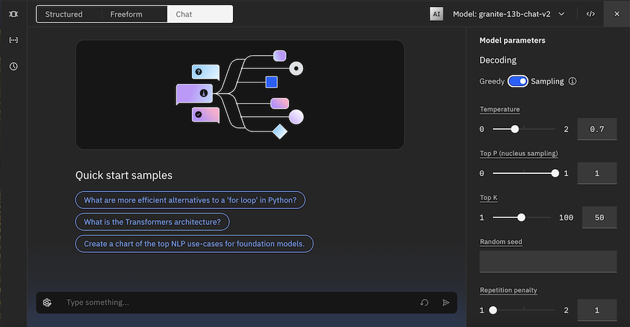 Muestra granite-13b-chat-v2 en modalidad de conversación de Prompt Lab