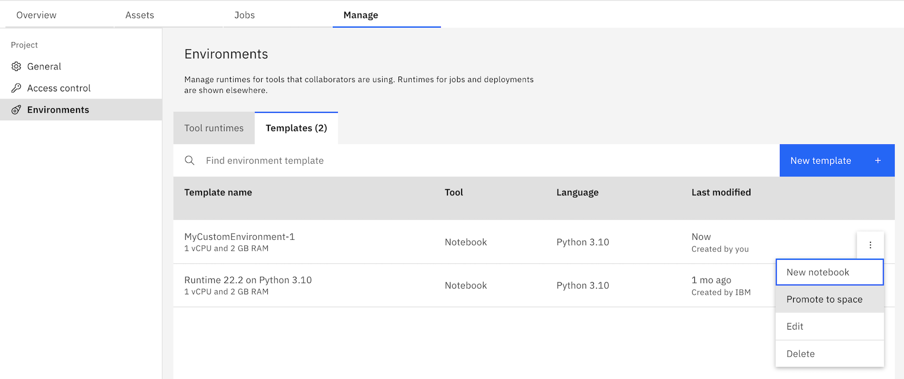 Selecting "Promote to space" for a custom environment in Watson Studio interface