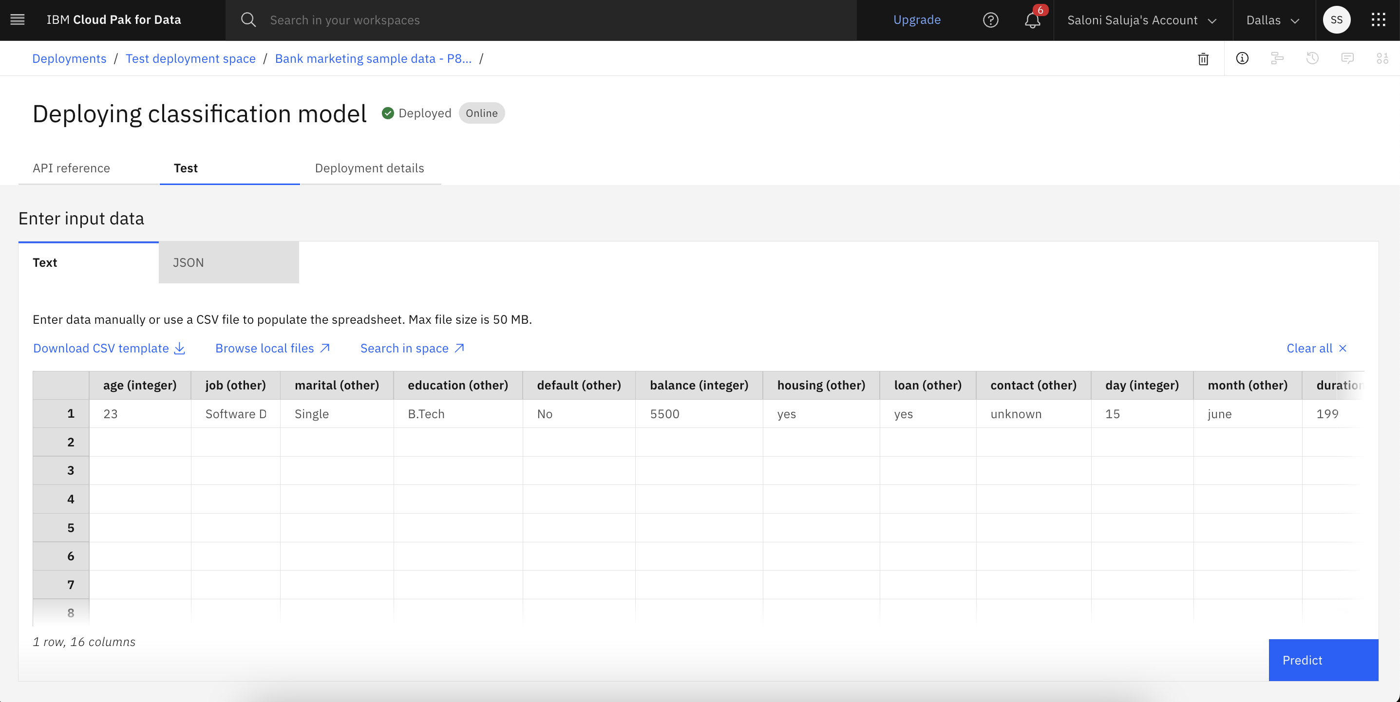 Entering input data to test online deployment