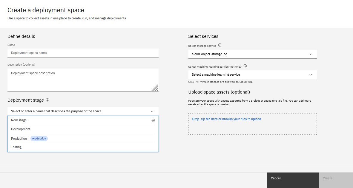 Create or select a deployment space with Production stage