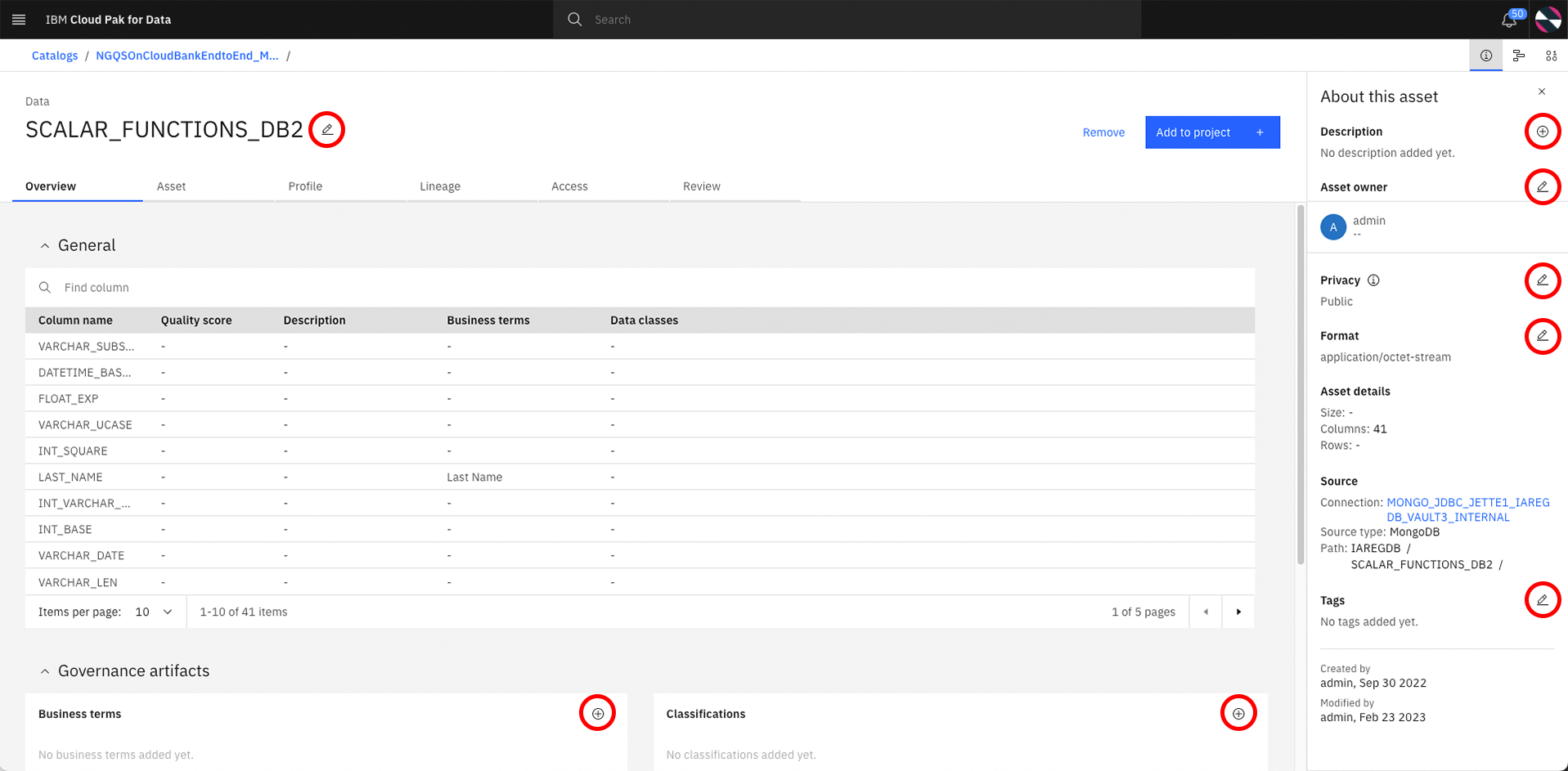 Screen capture that shows that the asset name, description, asset owner, privacy, format, and tags can be edited from the asset overview page