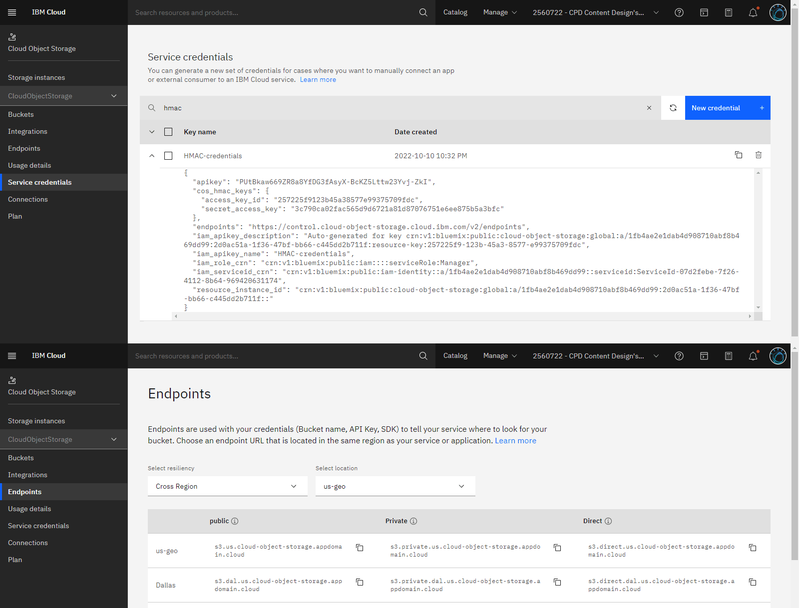 Aşağıdaki resimde, Cloud Object Storage HMAC kimlik bilgileri ve uç noktaları gösterilmektedir.