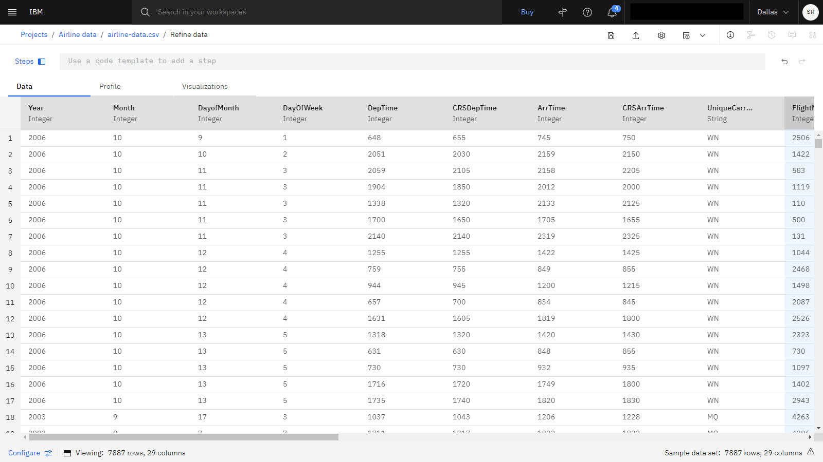 La seguente immagine mostra l'asset di dati della compagnia aerea aperto in Data Refinery.