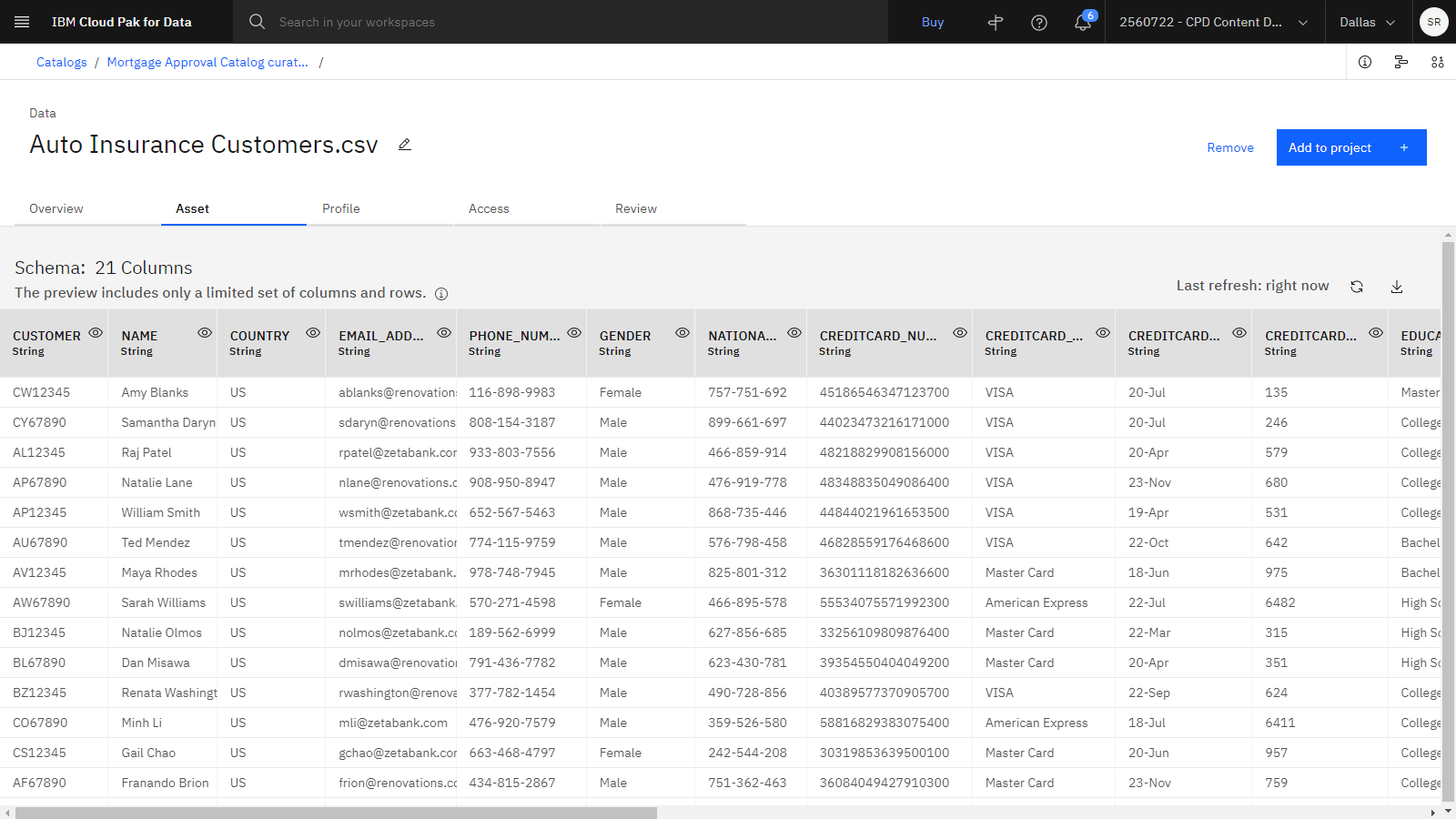 Aşağıdaki resim, katalogdaki AutoInsuranceCustomers.csv dosyasını gösterir.