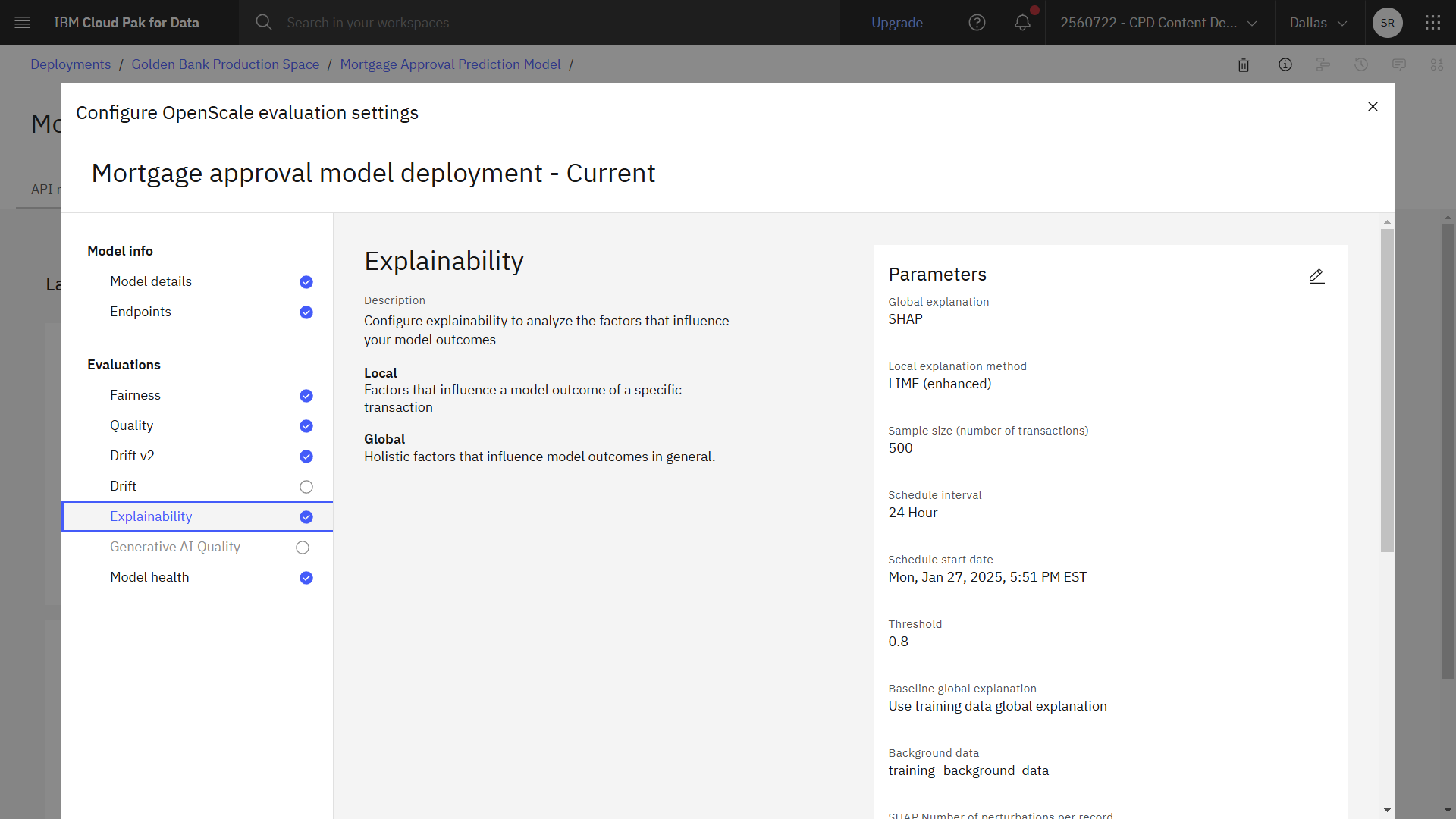 La imagen siguiente muestra la configuración de explicabilidad completada.