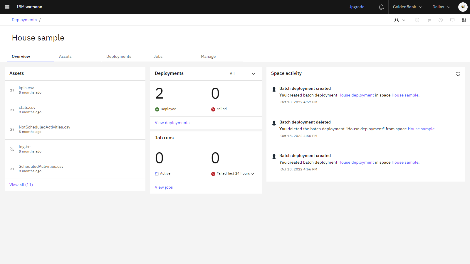 Overview page for a deployment space