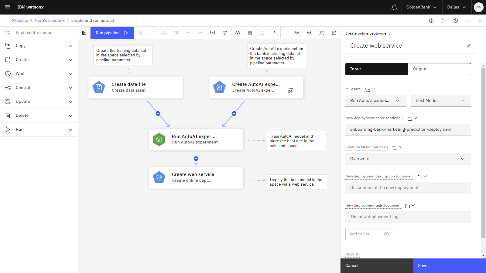 The following image the properties for the Create web service node.