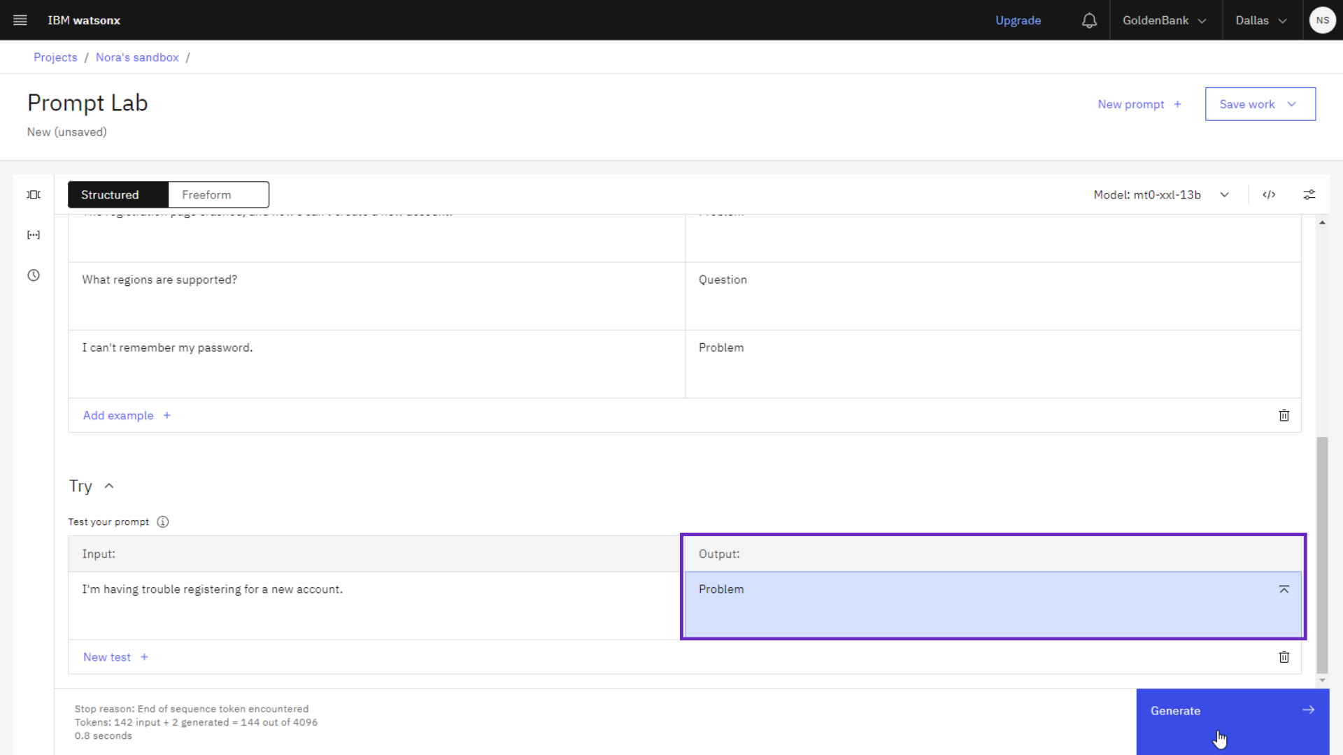 Generated output for the prompt in Structured mode