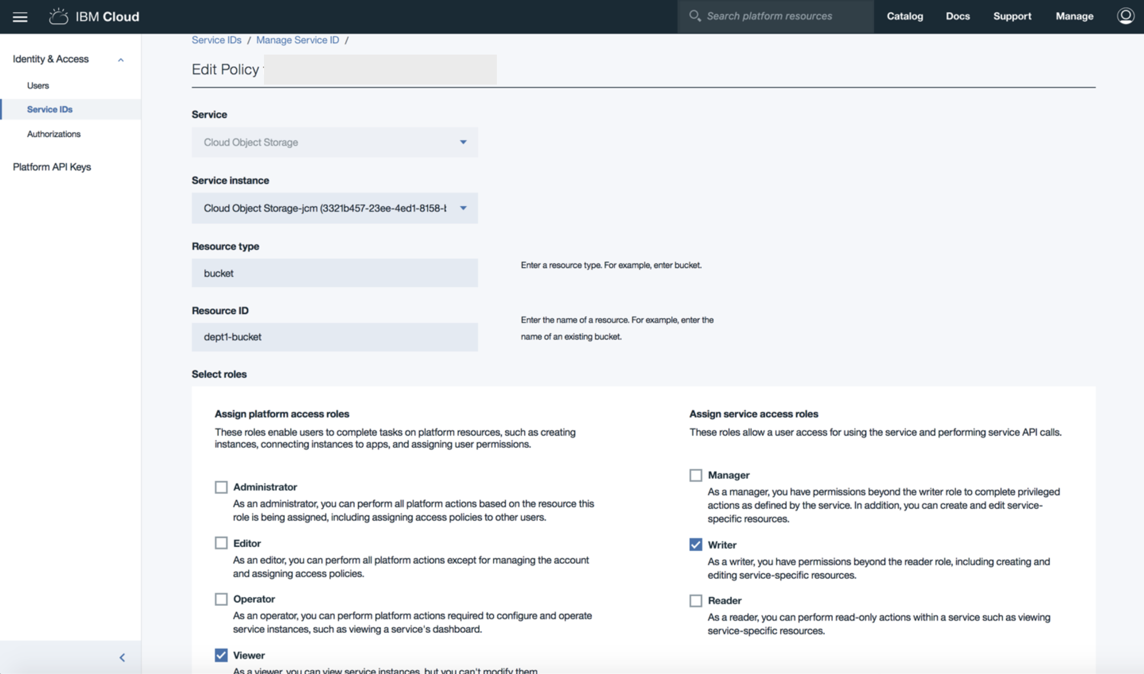 Edit Policy page for the dept1-bucket-only service ID