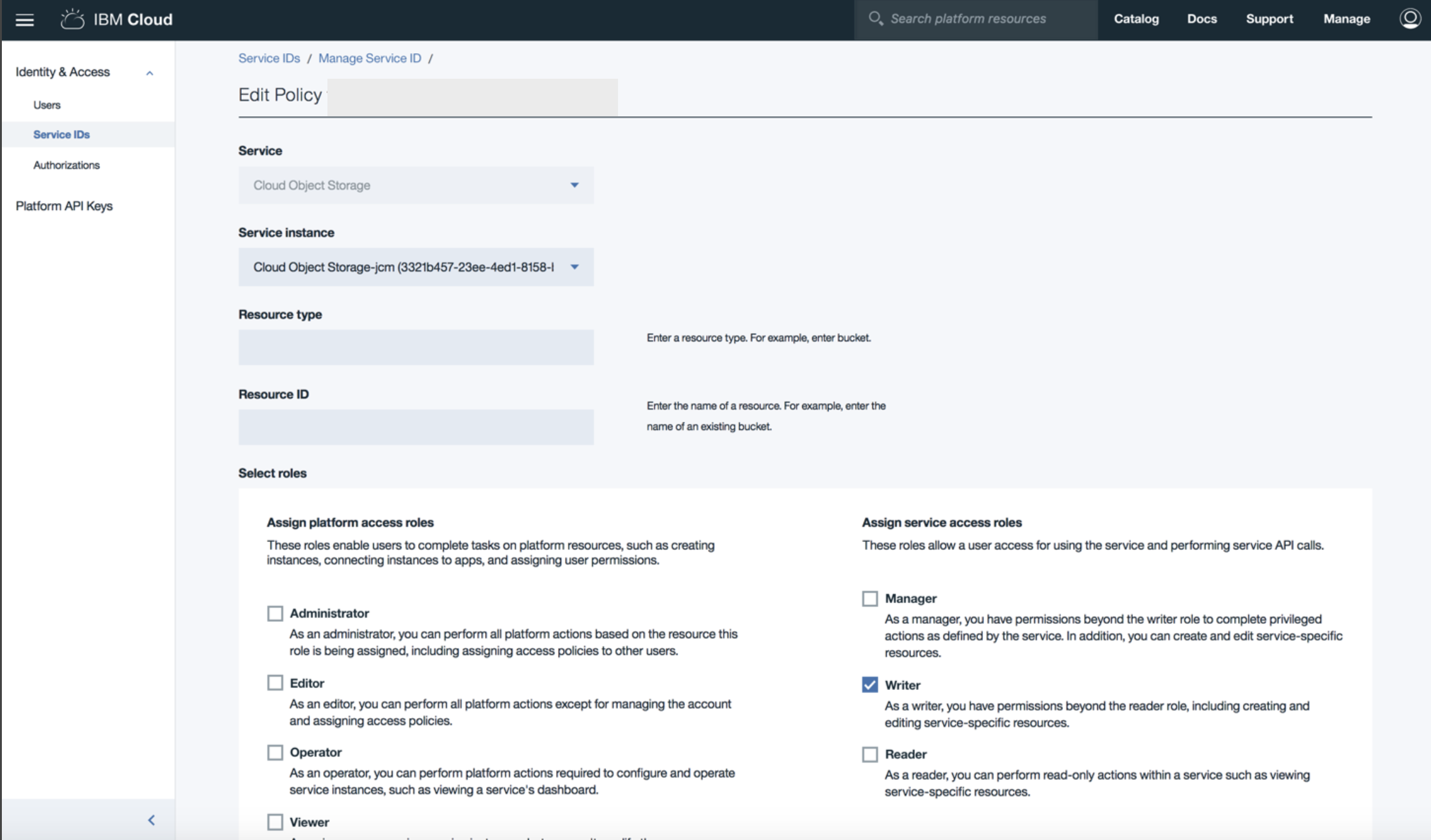 Edit policy page for the cos-all-access service ID