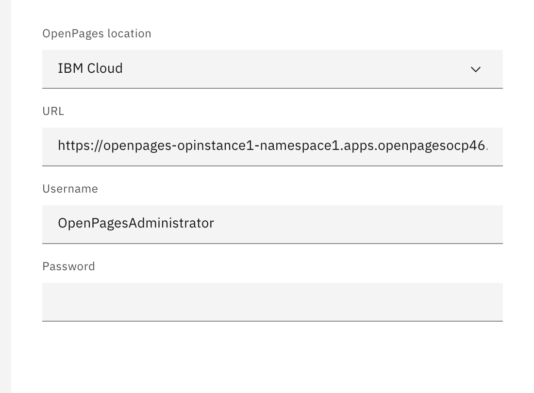 The OpenPages configuration screen with URL, username, and password fields