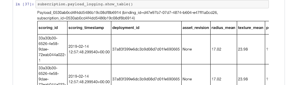 Python SDK sample output of payload logging table