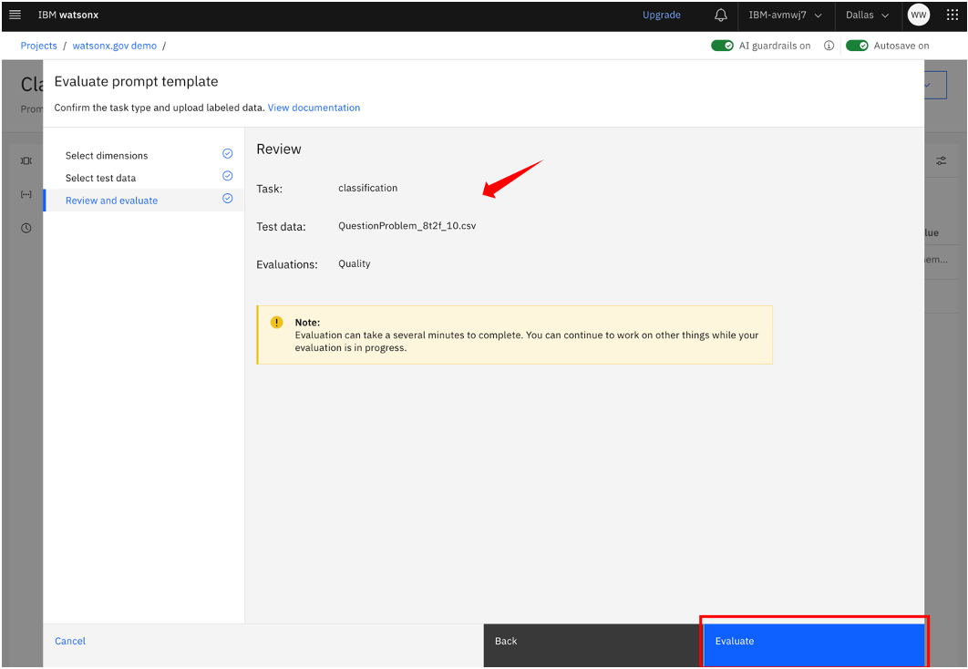 Review and evaluate prompt template evaluation settings