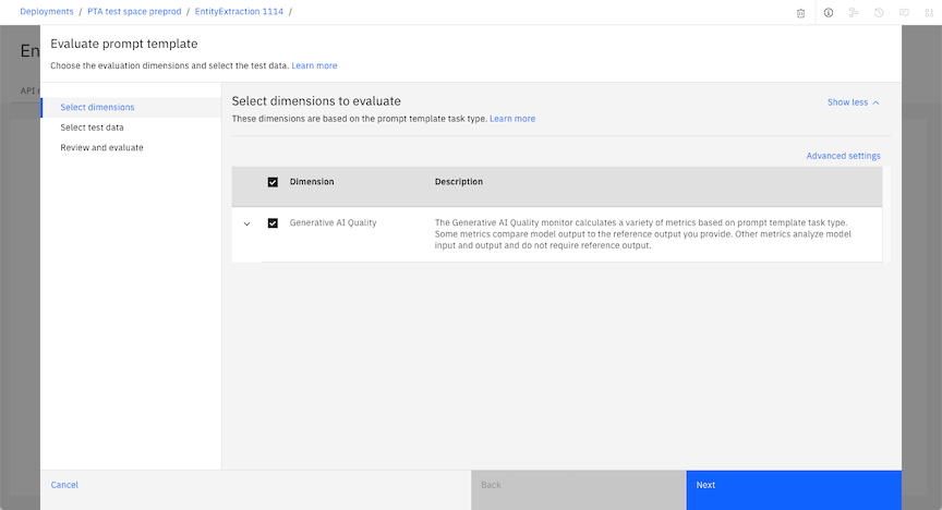 Select dimensions to evaluate