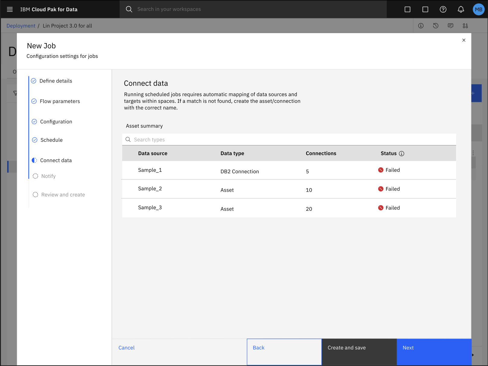 The image shows that the automatic mapping of data assets and connections failing